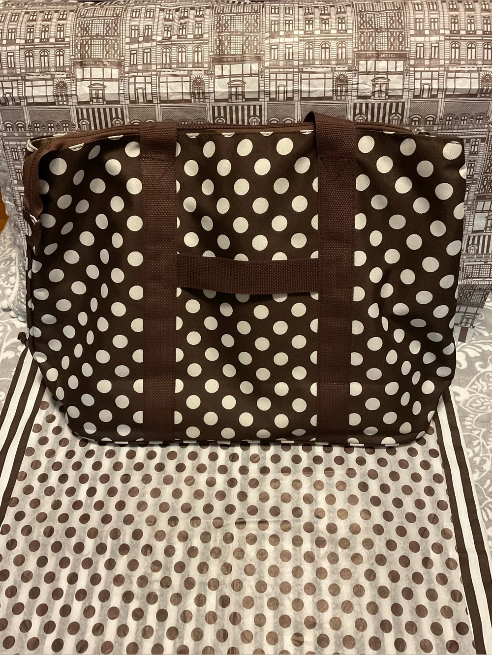 Brown Travel Tote with White Polka Dots